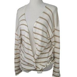Krista Larson Cardigan Sweater White Tan Stripe Oversized Lagenlook Asymmetric